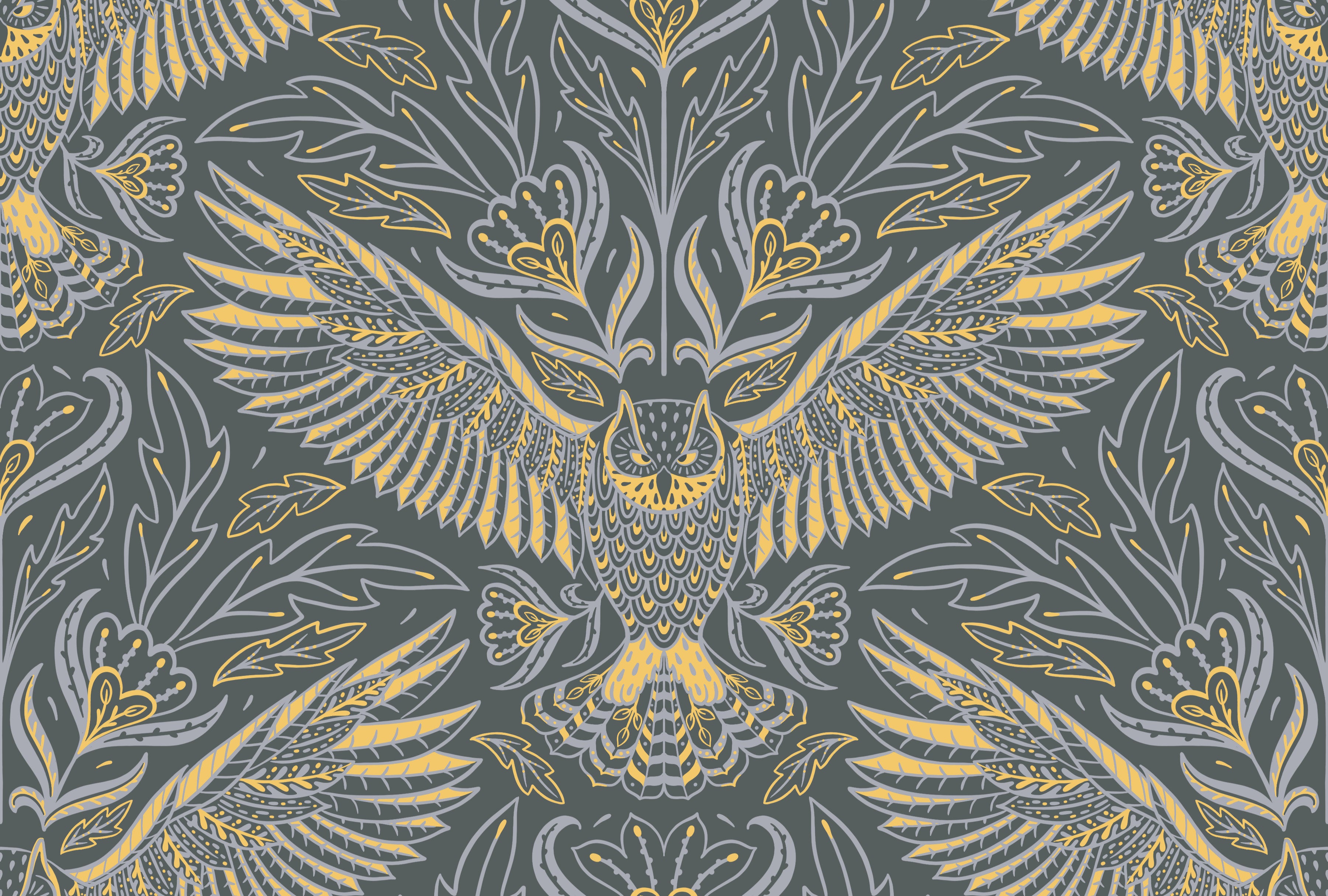 Decorative fabric pattern with gold and gray owl design on a dark background